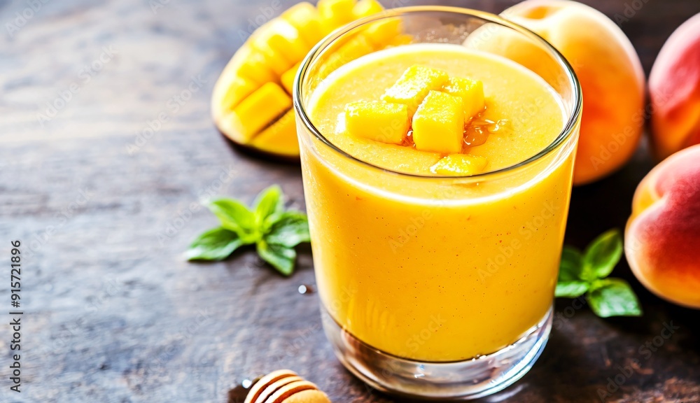 Fresh peach and mango smoothie with a touch of honey tropical fruit blend immune boosting drink Fresh peach and mango smoothie with a touch of honey tropical fruit blend immune boosting drink