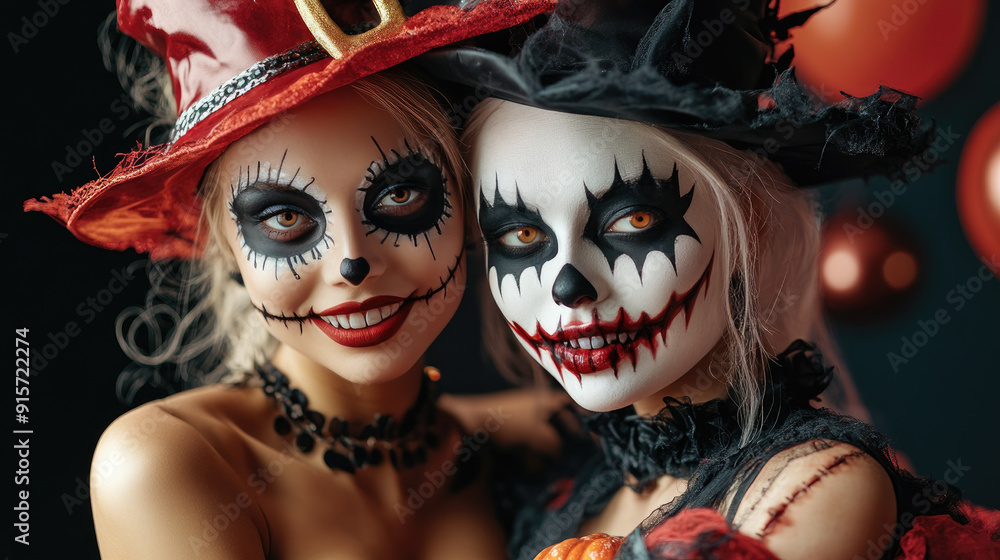 Obraz premium Explore a captivating collection of seductive models showcasing both good and bad character costumes for Halloween, perfect for creative inspiration and themed events.