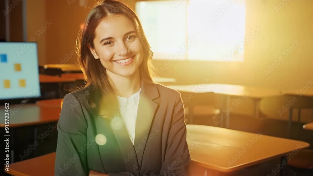 Teacher in Business Casual Smiling at Students Teacher in Business Casual Smiling at Students