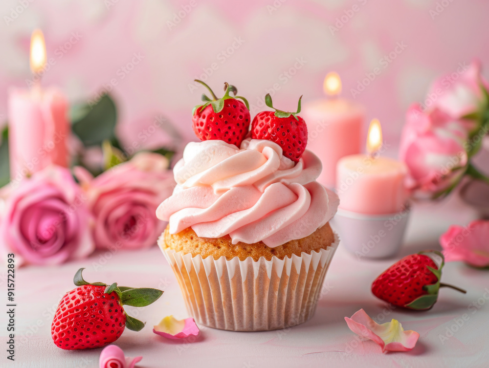 Strawberry Cupcake with Pink Frosting and Candles Strawberry Cupcake with Pink Frosting and Candles