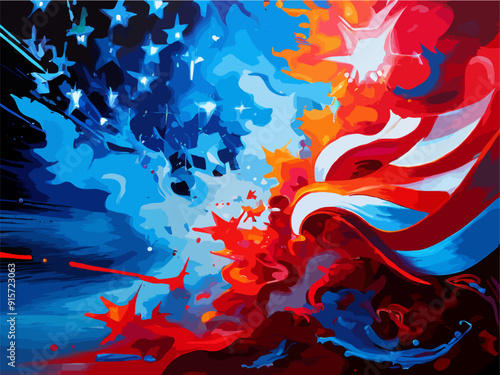 Abstract Oil Painting Depicting US Elections Stars and Stripes Explosive Red and Blue Splash Effect EPS
