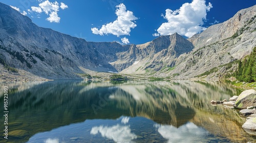 Tranquil lake reflecting towering mountains