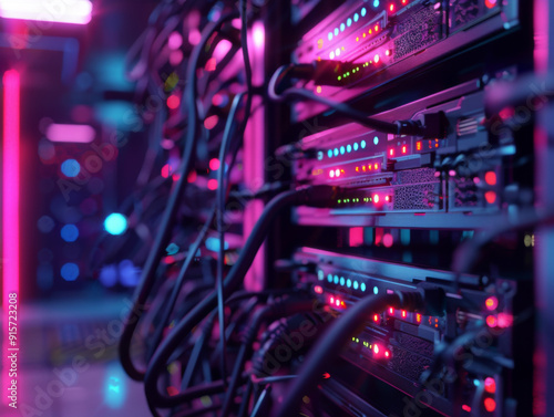 Server Racks with Colorful Lights and Cables