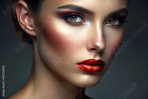 Wallpaper Mural A woman with red lipstick and green eyes. She has a very pretty face Torontodigital.ca