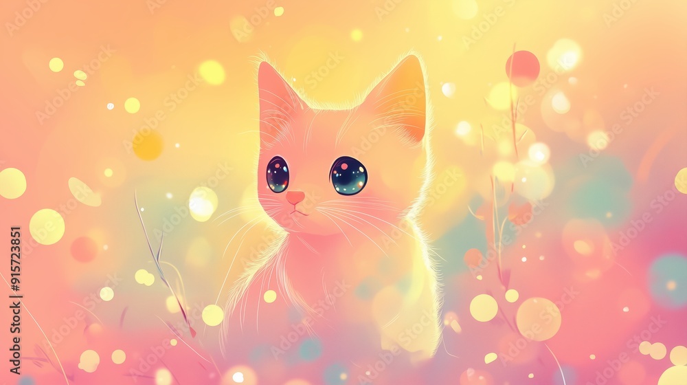 A whimsical white kitten illuminated by colorful lights in a dreamy environment during a gentle sunset A whimsical white kitten illuminated by colorful lights in a dreamy environment during a gentle sunset