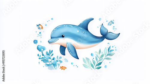 A cartoon dolphin is swimming in the ocean with fish swimming around it. The dolphin is smiling and he is happy.