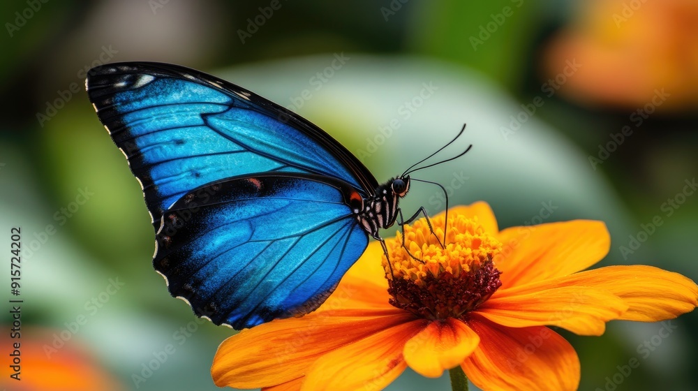 Blue Morpho Butterfly Perched on an Orange Flower Blue Morpho Butterfly Perched on an Orange Flower