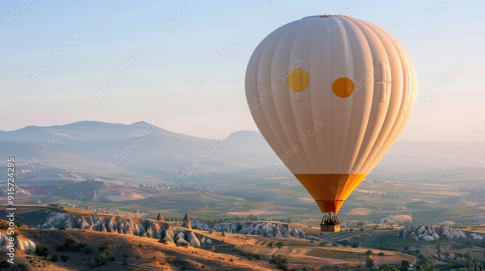 A hot air balloon with gold accents floating over a scenic landscape A hot air balloon with gold accents floating over a scenic landscape