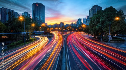 Urban traffic lights streaking at dusk