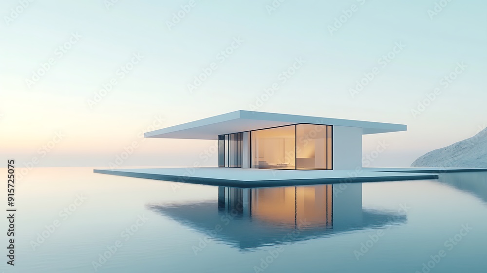 Fototapeta premium Minimalist White House on Water with Reflection
