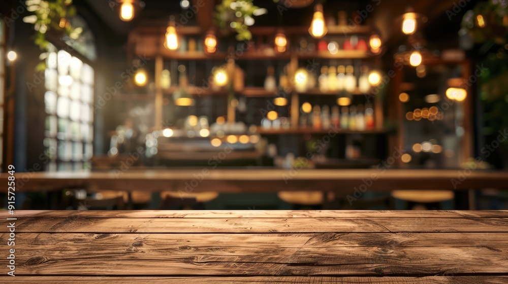 Blurry background of a cafe and restaurant behind an empty wooden table Blurry background of a cafe and restaurant behind an empty wooden table