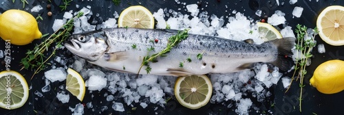 A realistic shot of freshly caught fish lying on crushed ice, surrounded by lemon slices and herbs photo