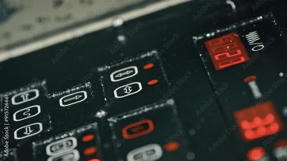 Detailed macro shot of an industrial control panel displaying digital readings and settings with a button interface. Highlighting machinery operation and technology in manufacturing and automation Detailed macro shot of an industrial control panel displaying digital readings and settings with a button interface. Highlighting machinery operation and technology in manufacturing and automation