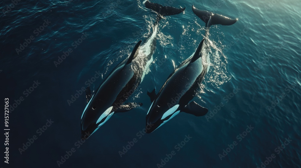 Fototapeta premium Two Orcas Swimming in the Deep Blue Ocean