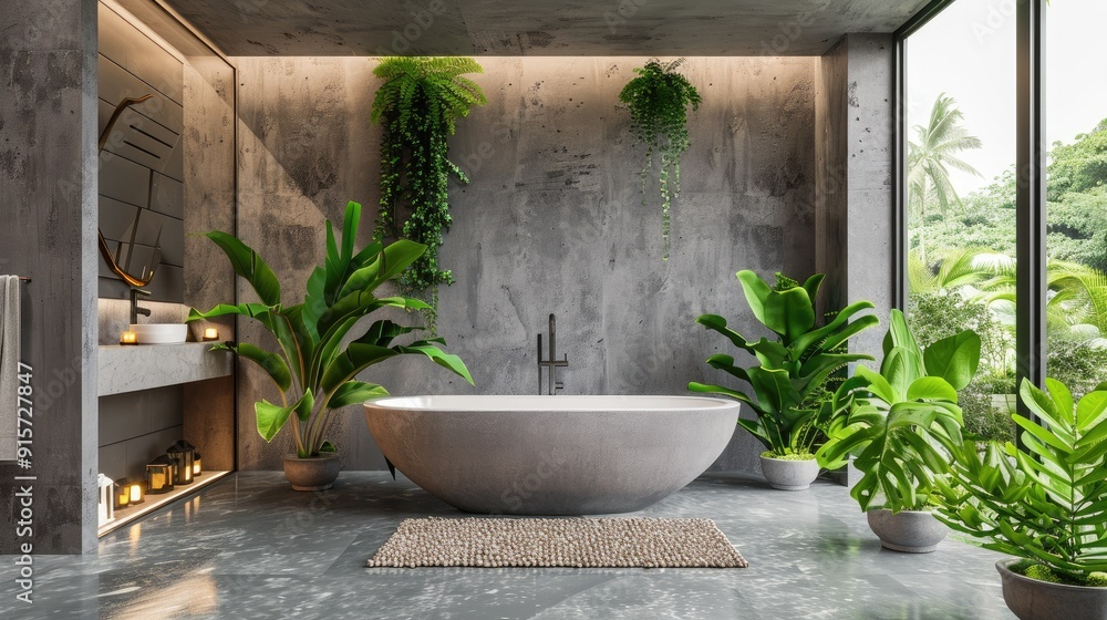 Zen-inspired bathroom with natural stone and greenery Zen-inspired bathroom with natural stone and greenery