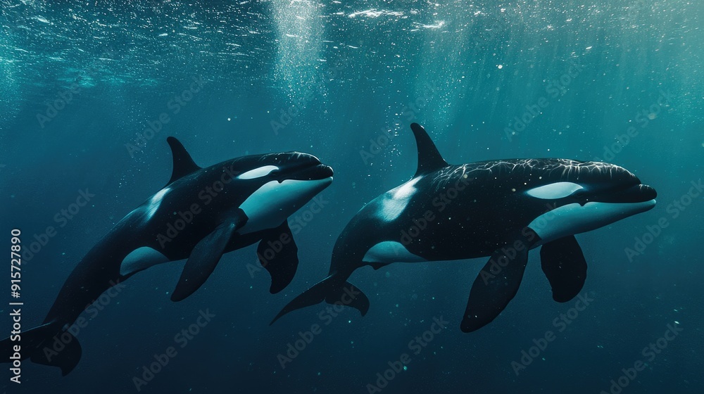 Obraz premium Two Orcas Swimming Underwater in a Blue Ocean