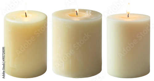 Set of Three Ivory Pillar Candles with Gentle Flames and Smooth Wax Texture, Perfect for Creating a Calm and Elegant Atmosphere.