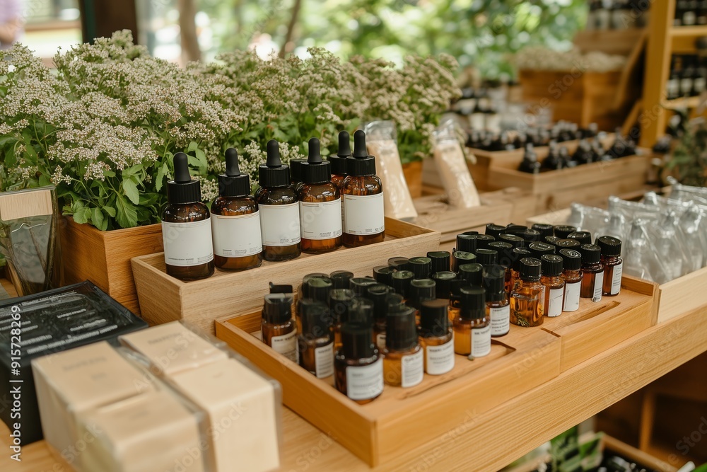 A vibrant display of natural oils and herbs at a botanical shop in mid-afternoon light A vibrant display of natural oils and herbs at a botanical shop in mid-afternoon light