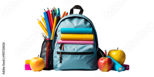 Ready for School Backpack Isolated on a Transparent Background colorful bag with school supplies