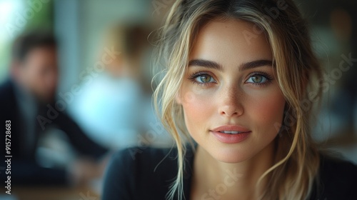 Free Download A woman with blonde hair and blue eyes is sitting at a table - GFXLoad