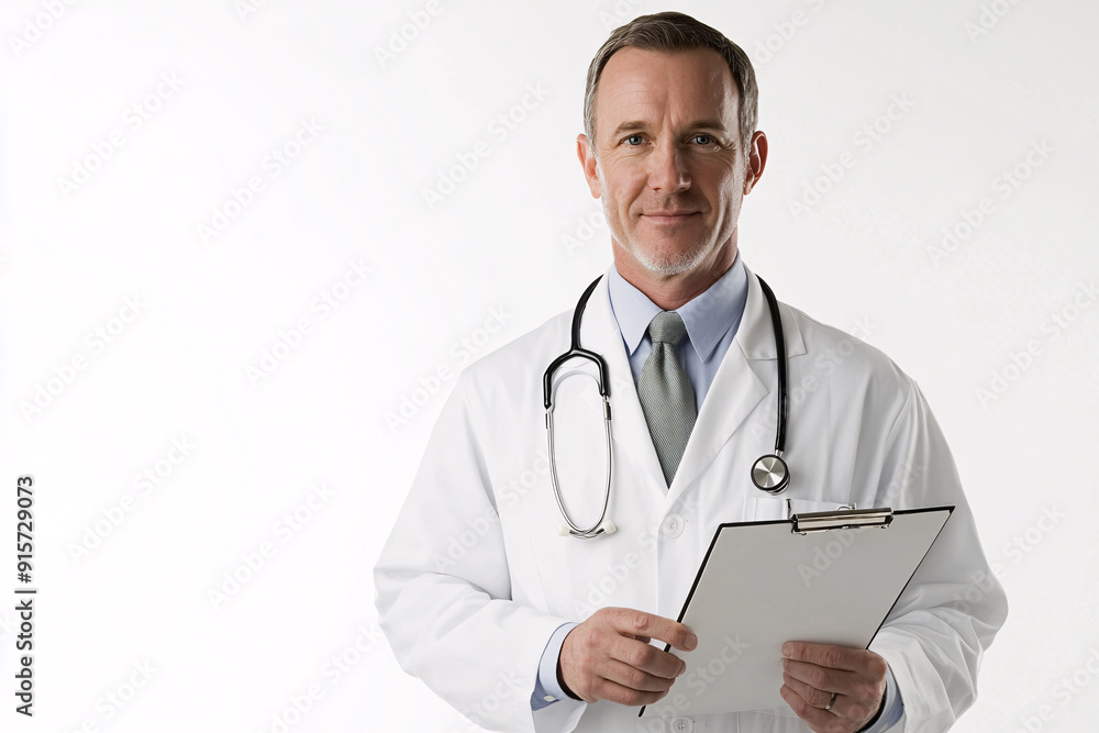 A trustworthy male doctor is depicted standing in a clean, white space, holding a medical chart with a steady hand. The crisp white background complements his white coat, creating a sense of A trustworthy male doctor is depicted standing in a clean, white space, holding a medical chart with a steady hand. The crisp white background complements his white coat, creating a sense of