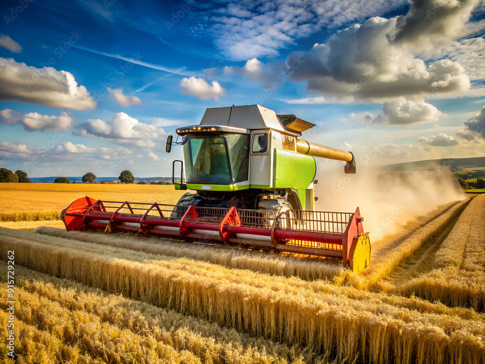 Obraz premium A green combine is in a field of wheat