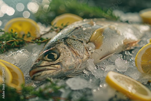 A realistic shot of freshly caught fish lying on crushed ice, surrounded by lemon slices and herbs photo