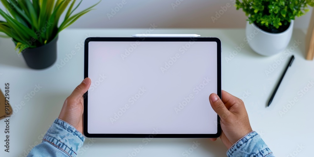 person holding an iPad Pro with the screen blank, ready for you to place your design or text on it. person holding an iPad Pro with the screen blank, ready for you to place your design or text on it.