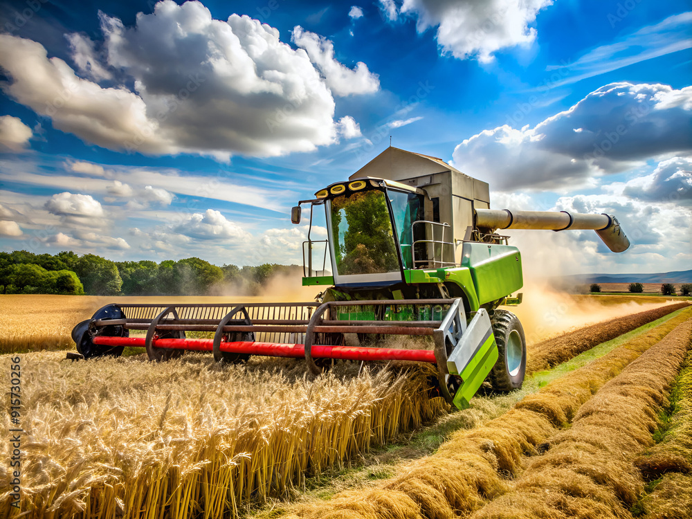 Obraz premium A green combine is in a field of wheat