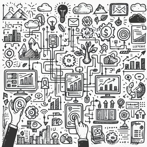 Hand draw technology sketch icon doodle set design. doodle art business hand drawn vector simple. with flowchart, statistic and element component business.