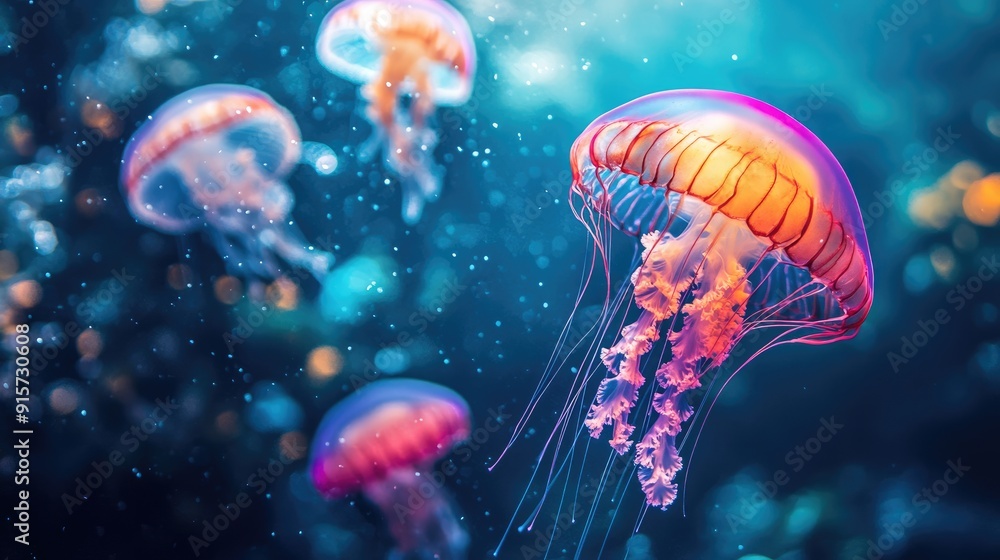 Bioluminescent Jellyfish Swimming in the Ocean Bioluminescent Jellyfish Swimming in the Ocean