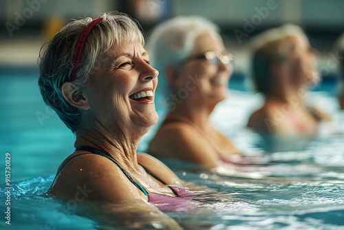 Active senior women enjoying aqua fit class in a pool, displaying joy and camaraderie, embodying a healthy, retired lifestyle