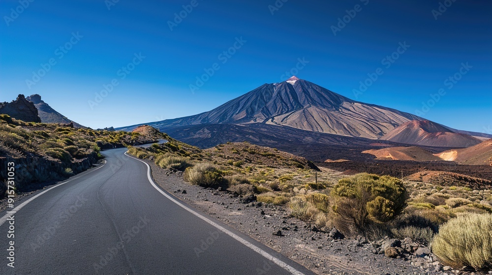A winding mountain road leading to a distant peak under a clear blue sky.