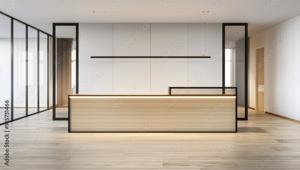 Obraz premium simple reception desk with light wood and white walls, symmetrical composition, clean lines
