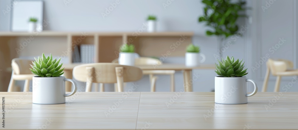 Fototapeta premium small cafe interior with light wood tables and chairs, soft white walls, a book shelf in the background