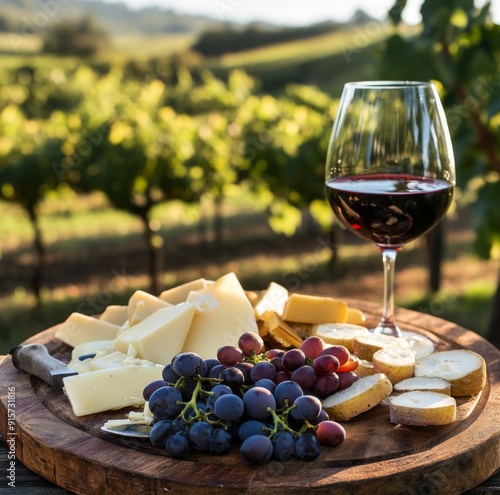 Gourmet Delight: A Cheese and Grape Platter with a Glass of Red Wine, the Perfect Showcase for Food Connoisseurship, Wine Tasting, and Rustic Dining Experiences photo