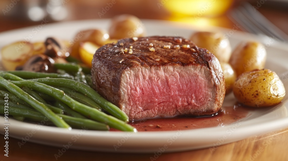 Medium-Rare Filet Mignon with Roasted Baby Potatoes and Sautéed Green Beans, Garlic, Onions, and Mushrooms in an Upscale Restaurant Setting. Gourmet Cuisine, Elegant Presentation, and Fine Dining Expe Medium-Rare Filet Mignon with Roasted Baby Potatoes and Sautéed Green Beans, Garlic, Onions, and Mushrooms in an Upscale Restaurant Setting. Gourmet Cuisine, Elegant Presentation, and Fine Dining Expe