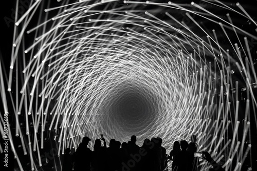 Foto Spiral lights forming a tunnel and silhouetted people in a light theme park