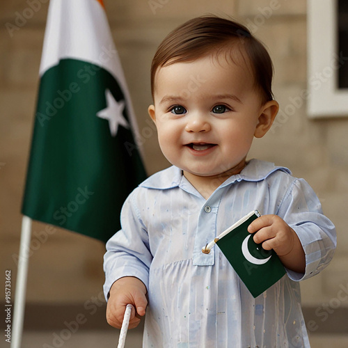 A cute baby picking Pakistani Flag for 14 August 1947 Celebration 77th Anniversary of Pakistan Happy birthday poster Pk flag image picture Beautiful child holding Pakistan flag