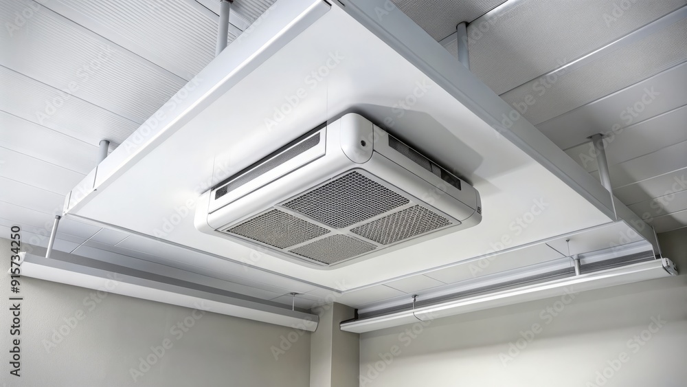 Modern air conditioning unit anchored to a white ceiling, with vents and pipes visible, against a plain background in a sleek, contemporary setting. Modern air conditioning unit anchored to a white ceiling, with vents and pipes visible, against a plain background in a sleek, contemporary setting.