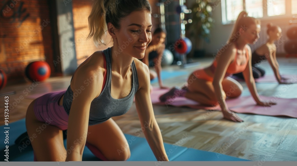 Happy Middle-Aged Women Practicing Yoga Together in a Colorful Gym Setting Happy Middle-Aged Women Practicing Yoga Together in a Colorful Gym Setting