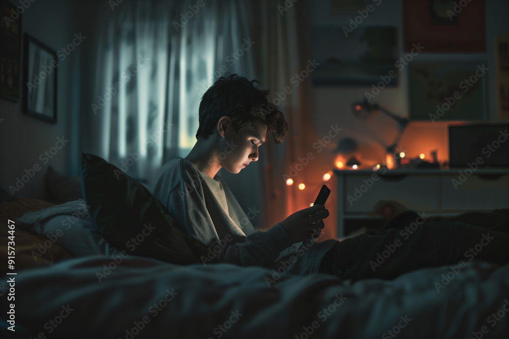 Teenager in a Bedroom Using a Smartphone Teenager in a Bedroom Using a Smartphone