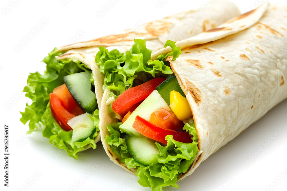 Tortilla wrap with fried chicken meat and vegetables. Shawarma fast food isolated on white background
Tortilla wrap with fried chicken meat and vegetables. Shawarma fast food isolated on white background