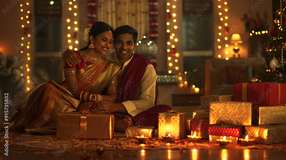 A young happy couple is sitting on the floor with many gift boxes A young happy couple is sitting on the floor with many gift boxes