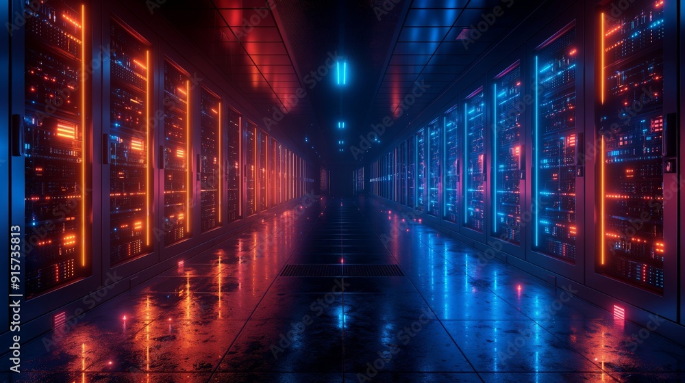 A futuristic data center corridor with rows of glowing servers, showcasing advanced technology and data processing capabilities in a sleek, modern environment A futuristic data center corridor with rows of glowing servers, showcasing advanced technology and data processing capabilities in a sleek, modern environment