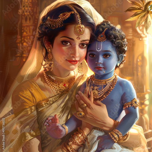 yashoda and krishna. little lord krishna with mother yashoda photo