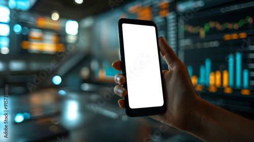 A person holding a modern smartphone with a blank white screen in a financial trading environment, emphasizing the integration of technology in finance and stock market investing photo