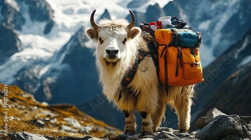 Foto A white yak with a red backpack on its back