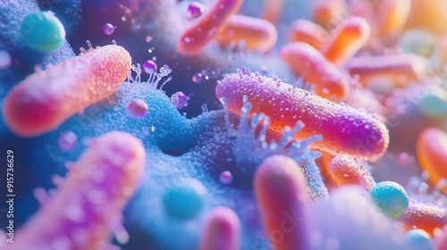 Detailed close up of vibrant 3d microscopic bacteria, including probiotics and oral bacteria