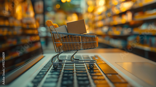 A miniature shopping cart filled with boxes placed on a laptop keyboard, symbolizing the concept of online shopping and e-commerce ordering in a modern digital environment